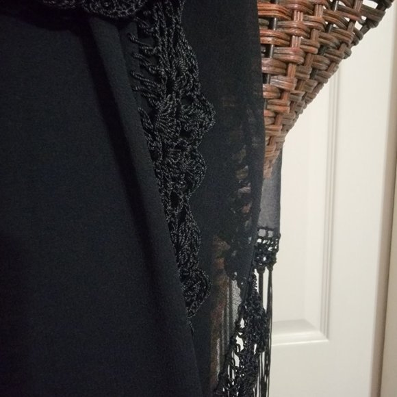 Large Black Shear Dress Scarf with Crotched Edges and Fringe - Picture 6 of 13